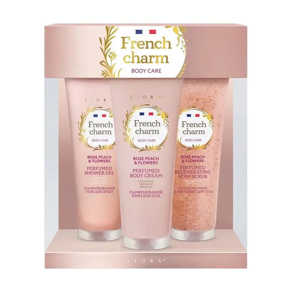 

Подарунковий набір Emotions by Liora French Charm Rose Peach & Flowers (гель для душу, 125 мл + скраб для тіла, 125 мл + крем для тіла, 125 мл)