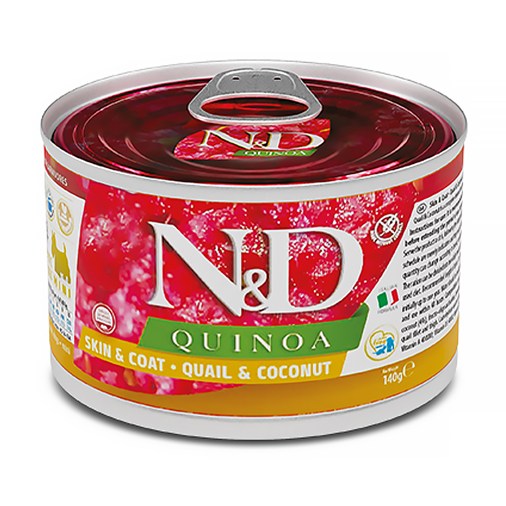 

Вологий корм для собак дрібних порід Farmina N&D Quinoa Skin & Coat при харчовій алергії, з перепелом, кокосом та кіноа, 140 г