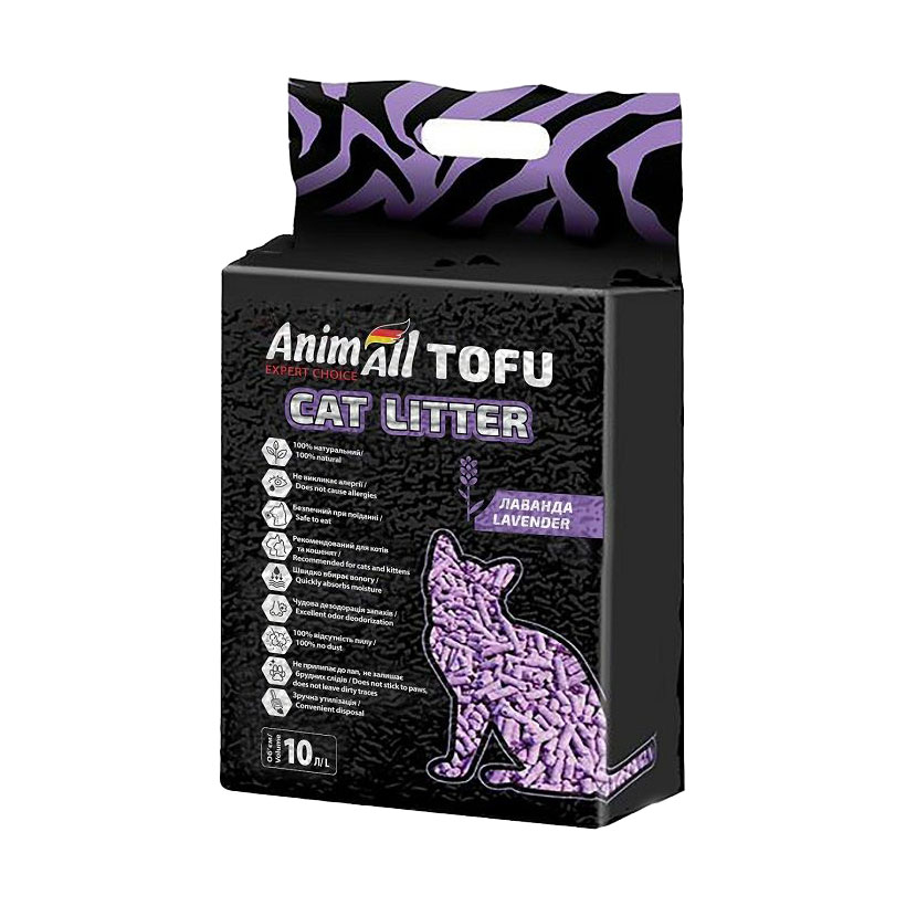 

Соєвий наповнювач для котячого туалету AnimAll Tofu грудкувальний, з ароматом лаванди, 10 л, 4.66 кг