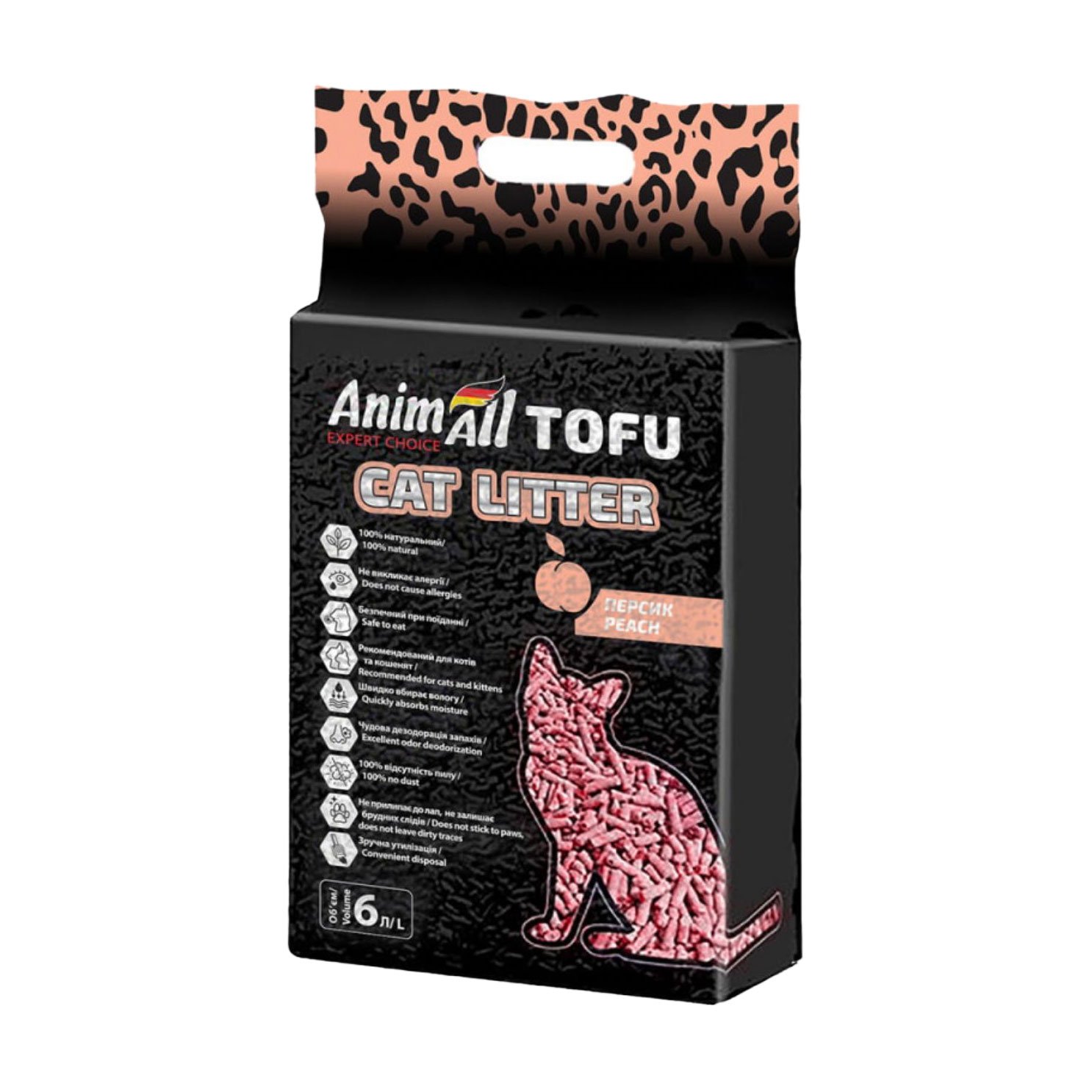 

Соєвий наповнювач для котячого туалету AnimAll Tofu грудкувальний, з ароматом персика, 6 л, 2.6 кг
