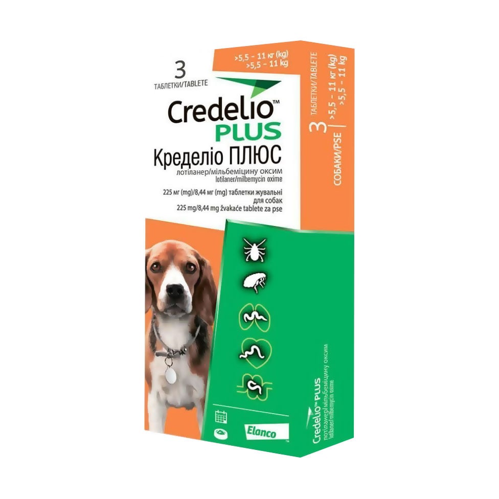 

Жувальні таблетки для собак Elanco Credelio Plus від бліх, кліщів та гельмінтів, від 5.5 до 11 кг, 3 шт