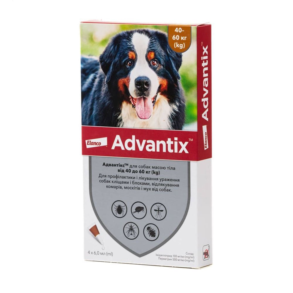 

Краплі для собак Elanco Advantix від бліх, кліщів та комарів, від 40 до 60 кг, 4*6 мл
