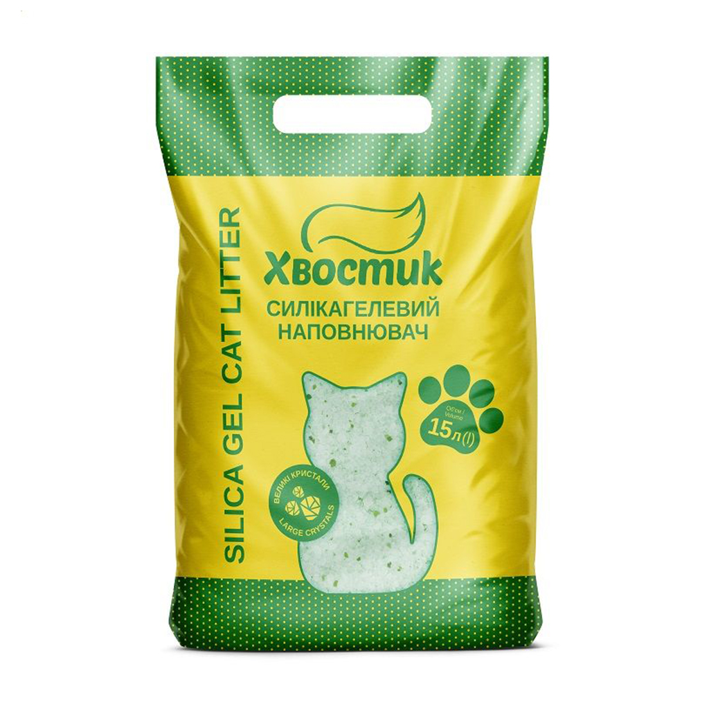 

Силікагелевий наповнювач для котячого туалету Хвостик великий, із зеленими гранулами, 15 л