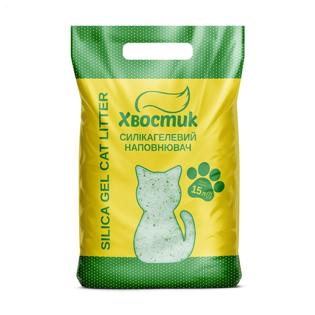 

Силікагелевий наповнювач для котячого туалету Хвостик дрібний, із зеленими гранулами, 15 л