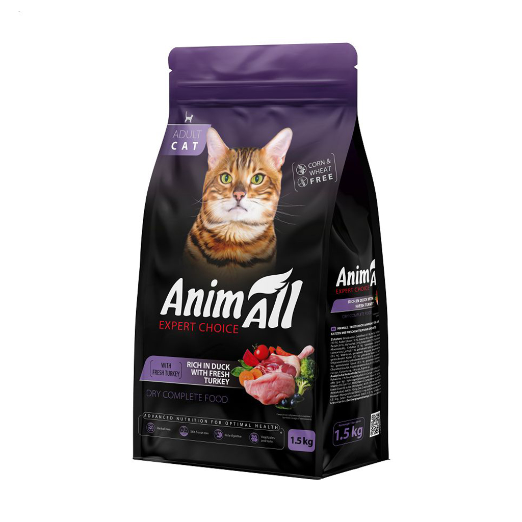 

Сухий корм для дорослих котів AnimAll зі свіжою індичкою та качкою, 1.5 кг