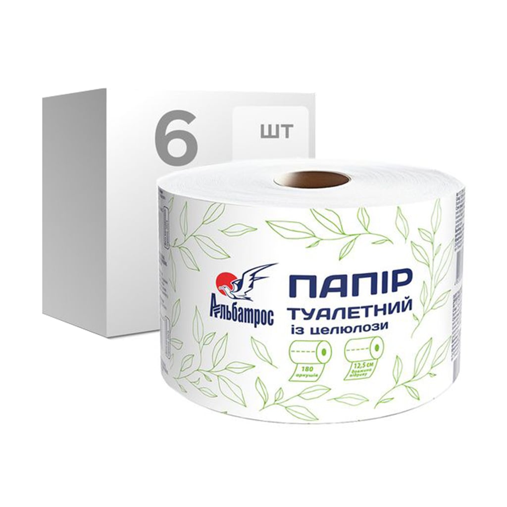 

Туалетний папір Альбатрос целюлозний, білий, 180 відривів, 6 рулонів
