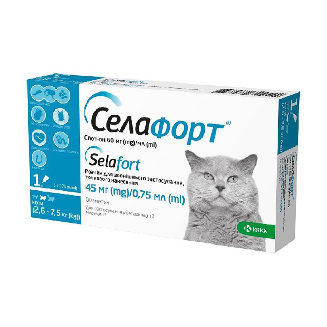 

Краплі для котів KRKA Selafort проти зовнішніх та внутрішніх паразитів, 2.6-7.5 кг, 0.75 мл