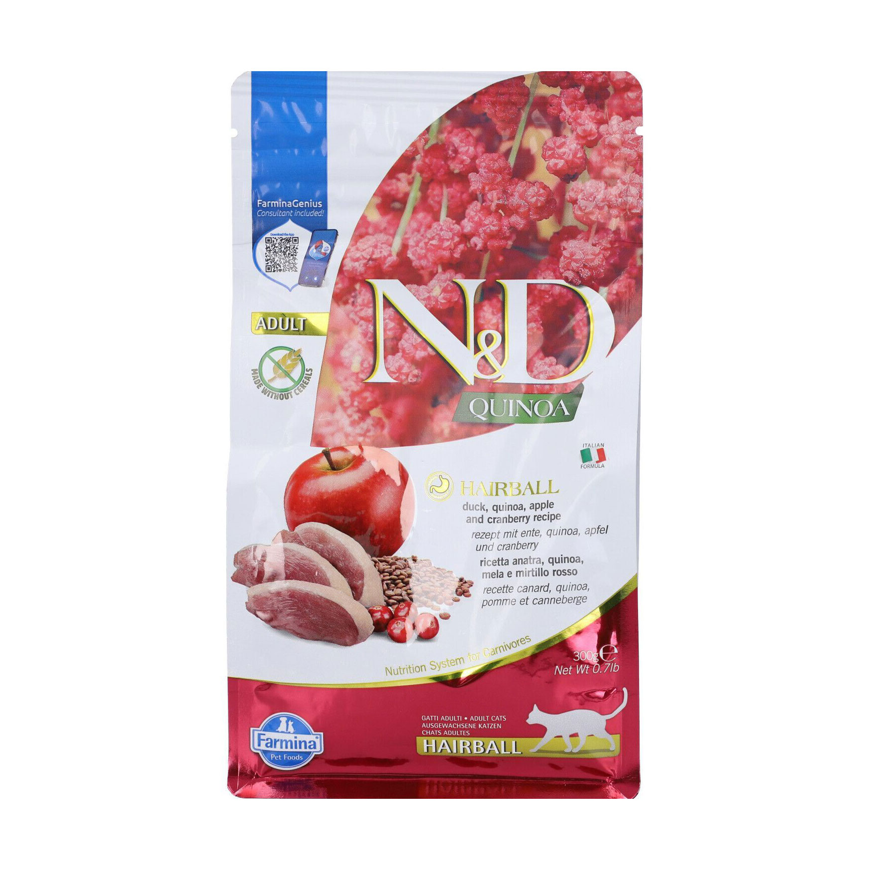 

Беззерновий сухий корм для дорослих котів Farmina N&D Quinoa Hairball Adult для виведення шерсті, з качкою, кіноа, яблуком та журавлиною, 300 г