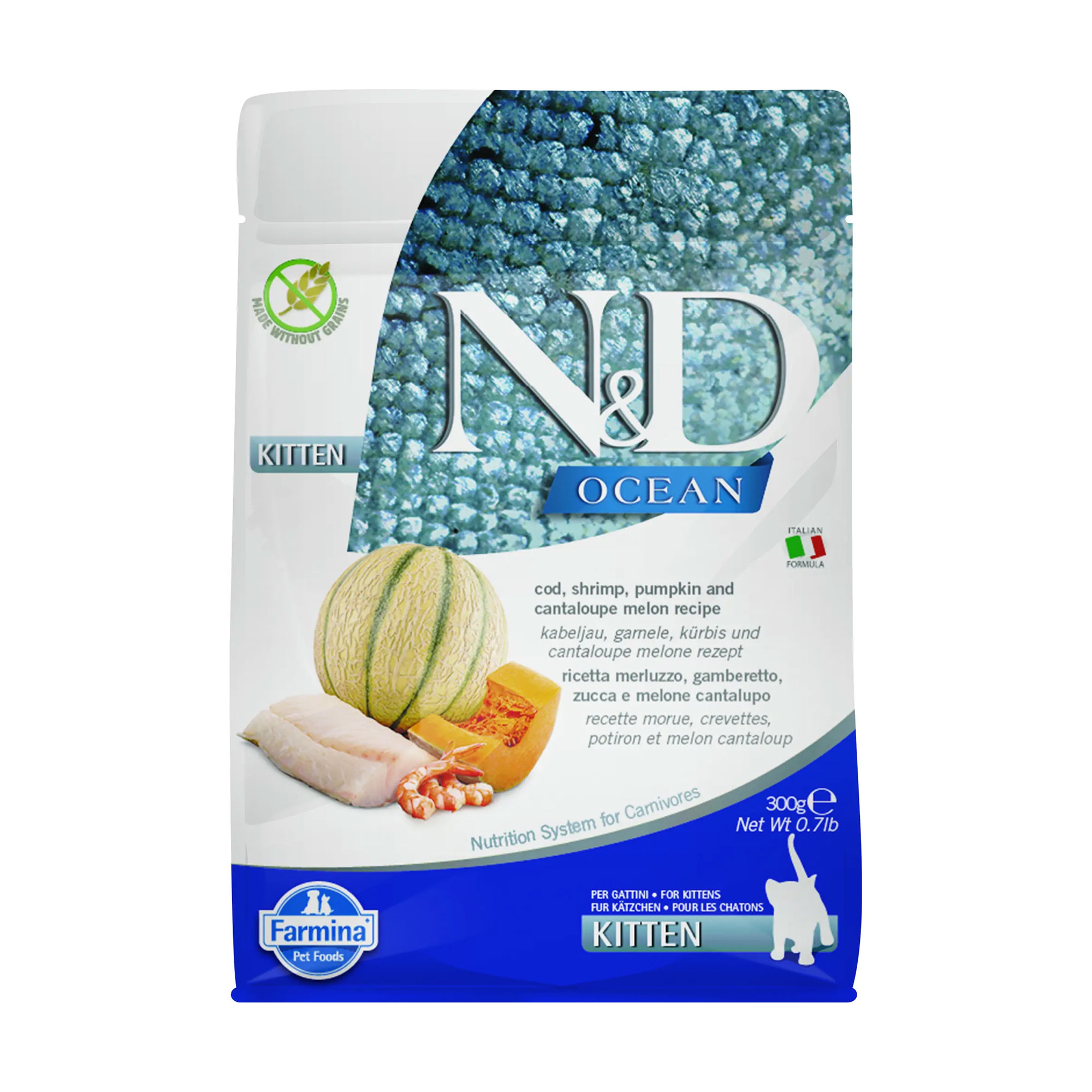 

Беззерновий сухий корм для кошенят Farmina N&D Ocean Kitten з тріскою, креветками, гарбузом та динею, 300 г