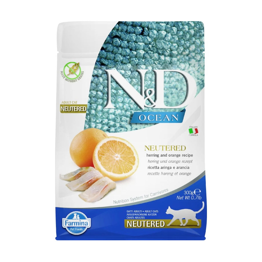 

Беззерновий сухий корм для стерилізованих дорослих котів Farmina N&D Ocean Neutered Adult з оселедцем та апельсином, 300 г