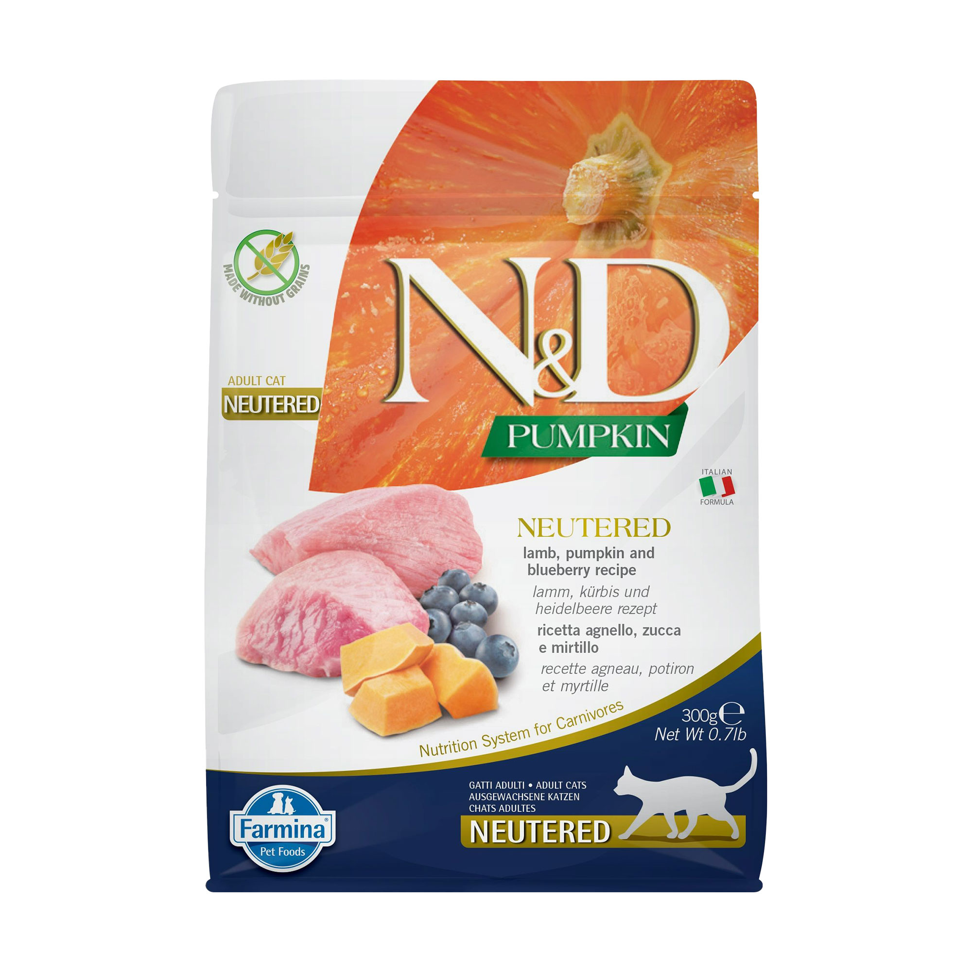 

Беззерновий сухий корм для стерилізованих дорослих котів Farmina N&D Pumpkin Neutered Adult з гарбузом, ягням та чорницею, 300 г