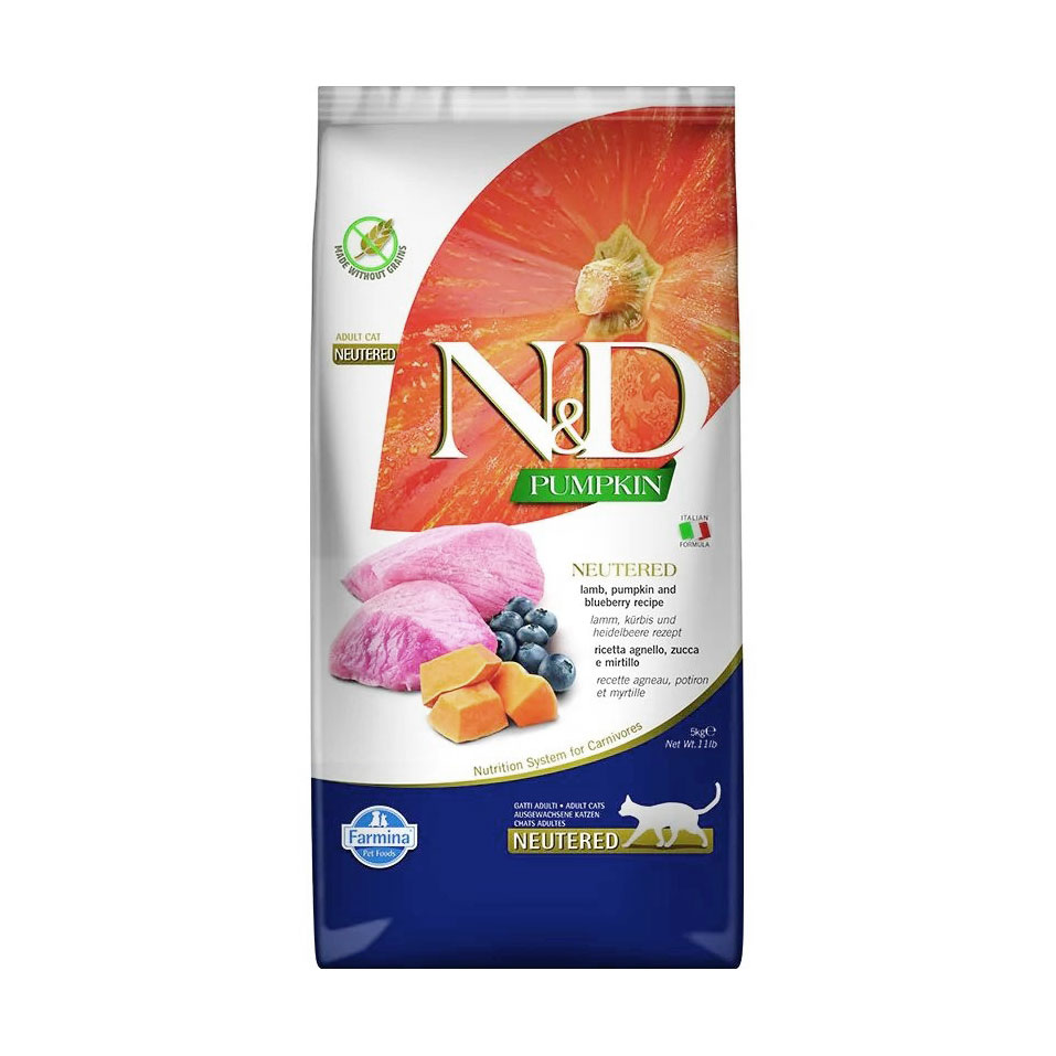 

Беззерновий сухий корм для стерилізованих дорослих котів Farmina N&D Pumpkin Neutered Adult з гарбузом, ягням та чорницею, 5 кг
