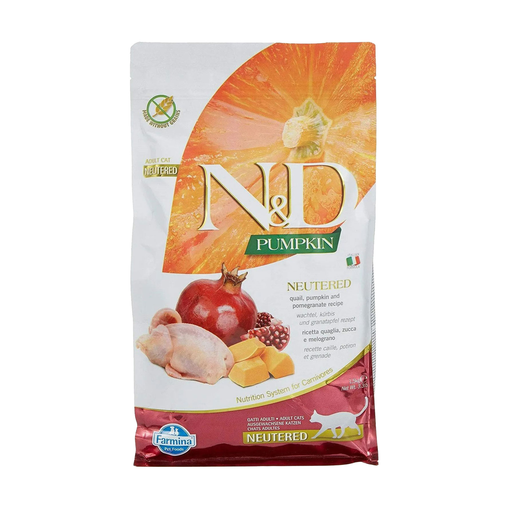 

Беззерновий сухий корм для стерилізованих дорослих котів Farmina N&D Pumpkin Neutered Adult з гарбузом, перепілкою та гранатом, 1.5 кг