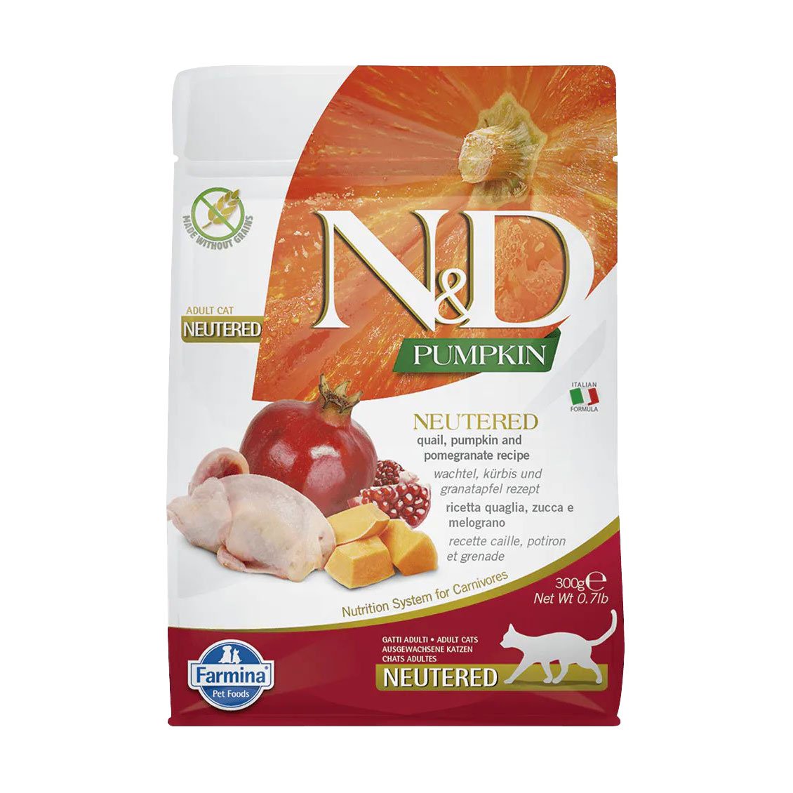 

Беззерновий сухий корм для стерилізованих дорослих котів Farmina N&D Pumpkin Neutered Adult з гарбузом, перепілкою та гранатом, 300 г
