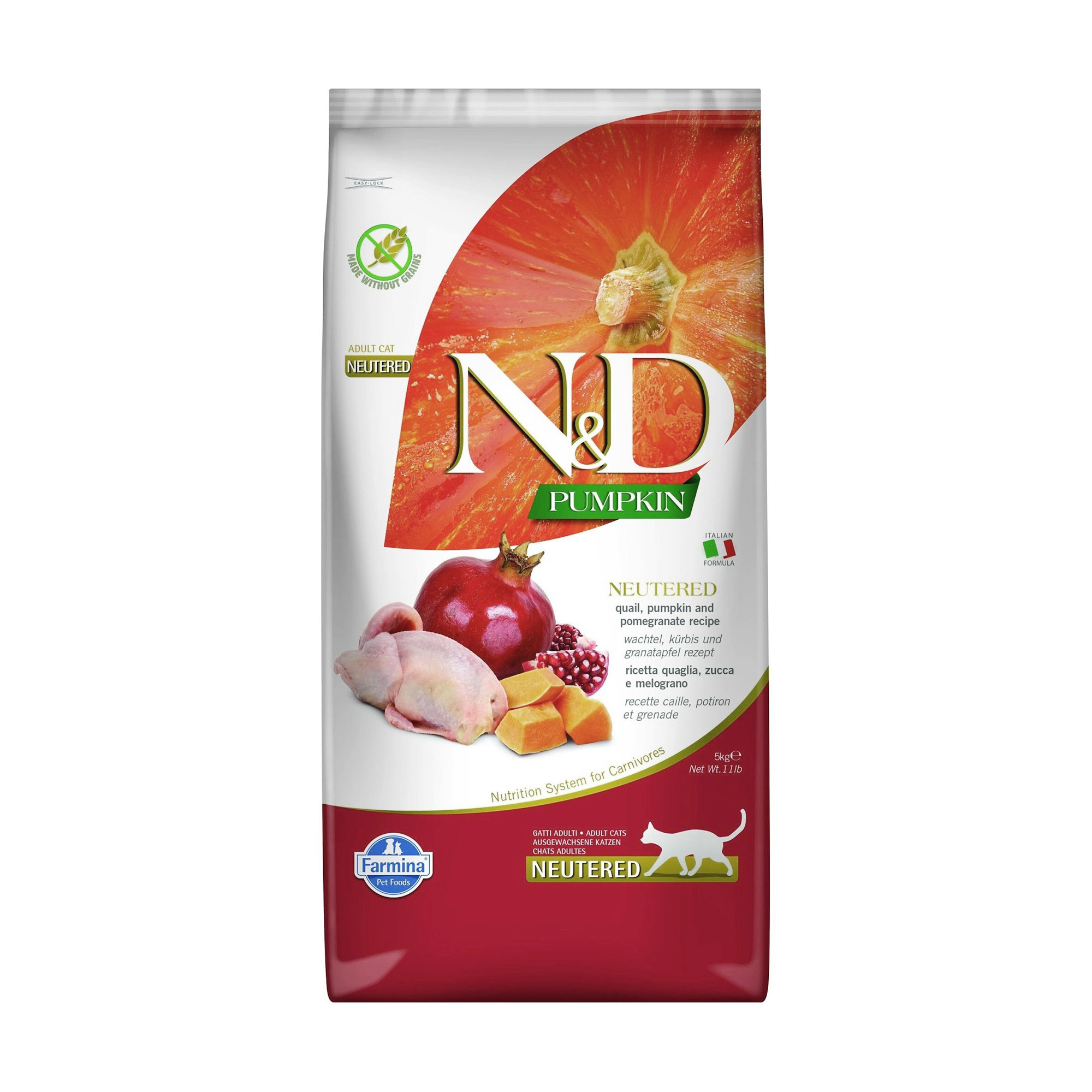 

Беззерновий сухий корм для стерилізованих дорослих котів Farmina N&D Pumpkin Neutered Adult з гарбузом, перепілкою та гранатом, 5 кг