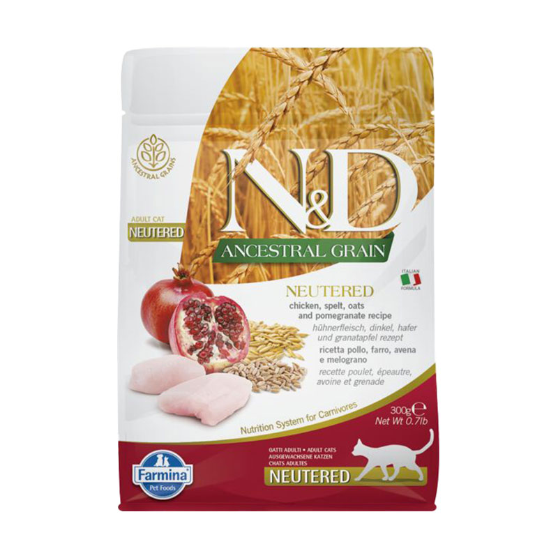 

Низькозерновий сухий корм для стерилізованих дорослих котів Farmina N&D Ancestral Grain Neutered Adult з куркою, спельтою, вівсом та гранатом, 300 г