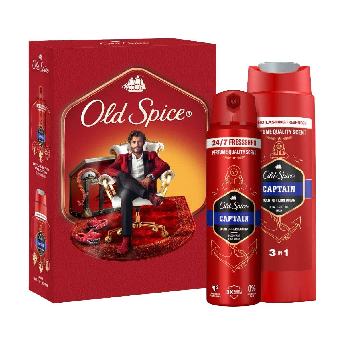

Подарунковий набір Old Spice Gentleman Captain (аерозольний дезодорант, 150 мл + гель для душу та шампунь, 250 мл)