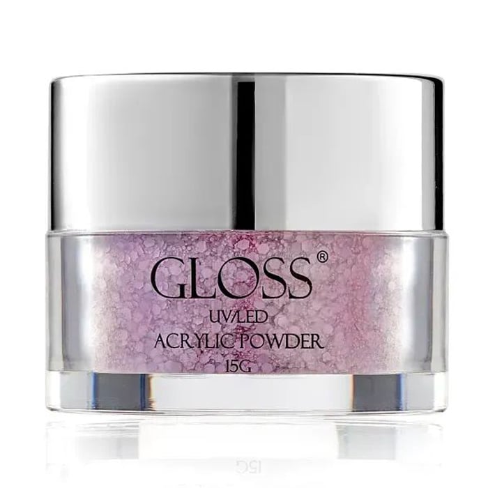 

Акрилова пудра для нігтів Gloss UV/LED Acrylic Powder 015 Ніжний фіолетово-рожевий з мікроблиском та галографічними блискітками, 15 г