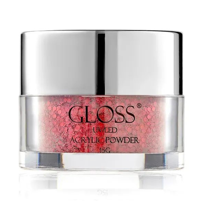 

Акрилова пудра для нігтів Gloss UV/LED Acrylic Powder 021 Сірий з червоним мікроблиском та блискітками, 15 г
