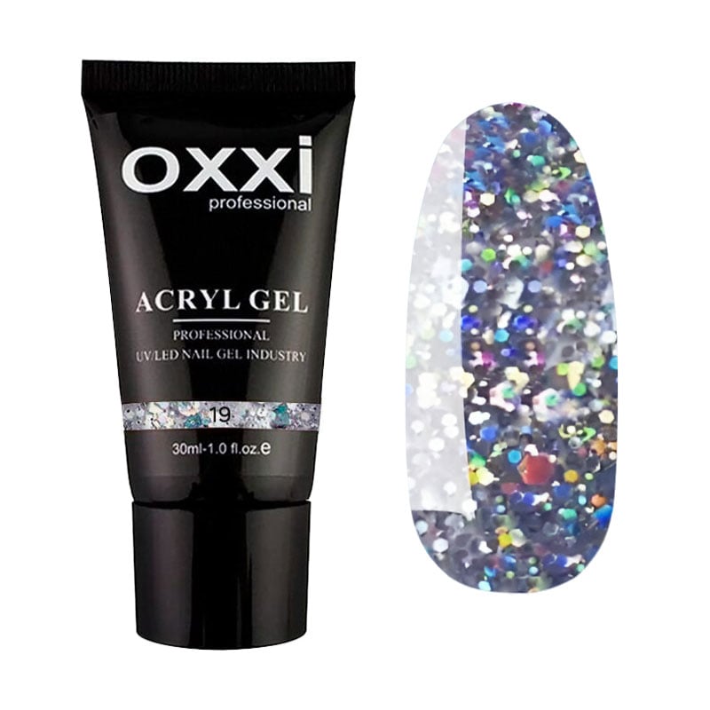 

Акрил-гель для нігтів Oxxi Professional Acryl Gel 19 Прозорий з великими насиченими голографічними блискітками, 30 мл