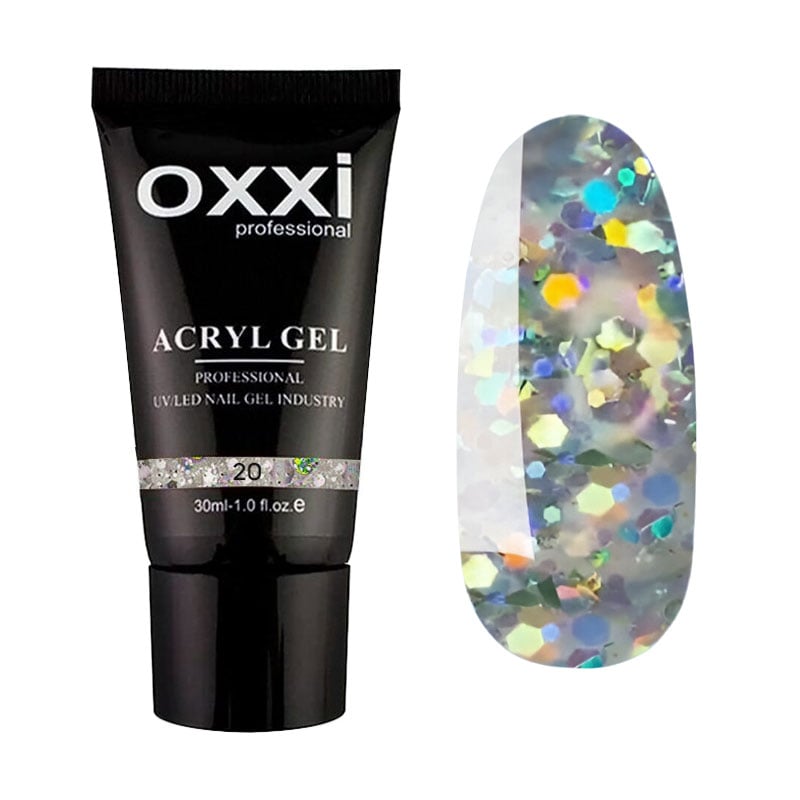 

Акрил-гель для нігтів Oxxi Professional Acryl Gel 20 Прозорий з великими голографічними блискітками, 30 мл