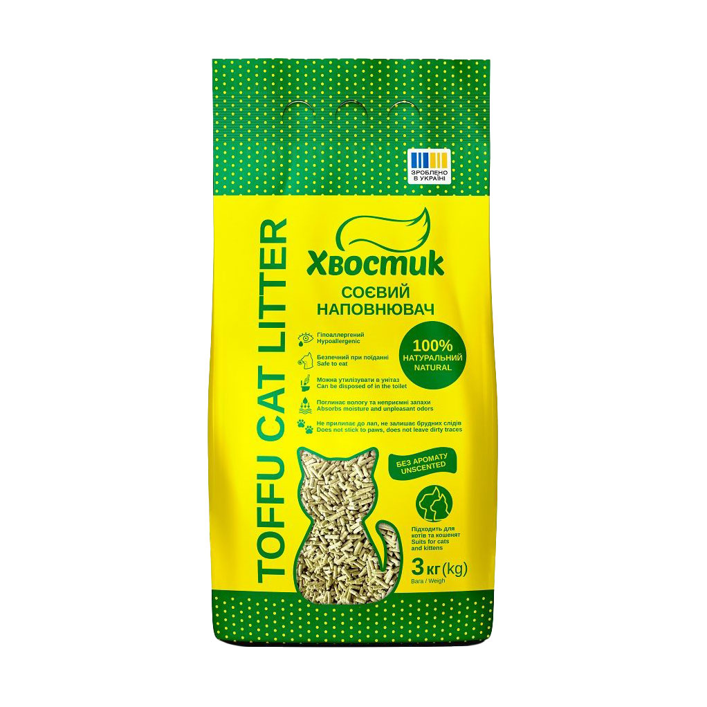 

Соєвий наповнювач для котячого туалету Хвостик без аромату, 3 кг