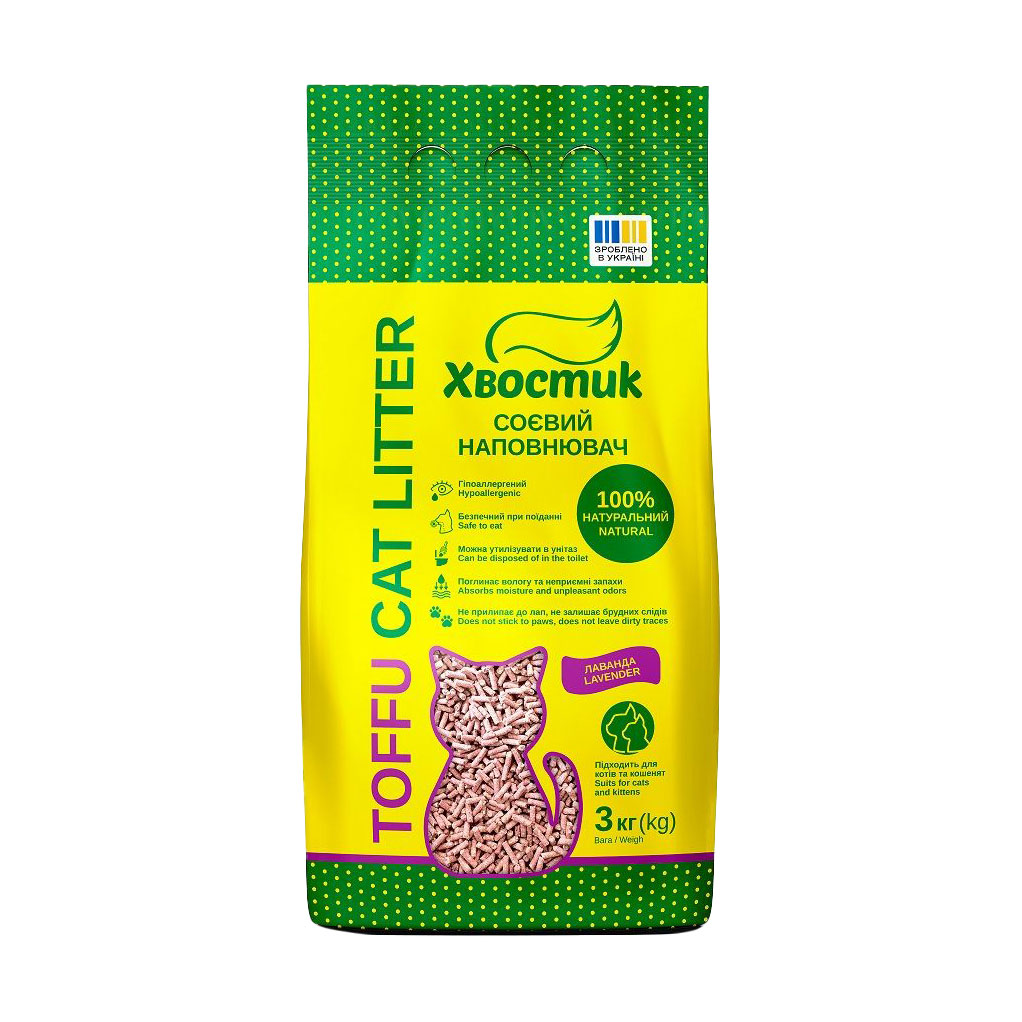 

Соєвий наповнювач для котячого туалету Хвостик з ароматом лаванди, 3 кг