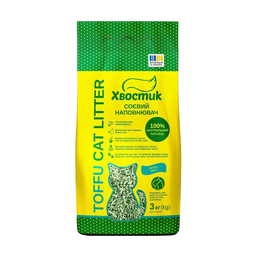 

Соєвий наповнювач для котячого туалету Хвостик з ароматом м'яти, 3 кг