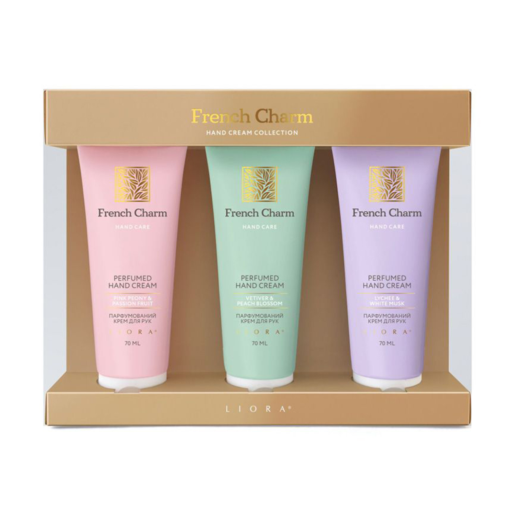 

Набір кремів для рук Liora French Charm (Pink Peony & Passion Fruit, 70 мл + Vetiver & Peach Blossom, 70 мл + Lychee & White Musk, 70 мл