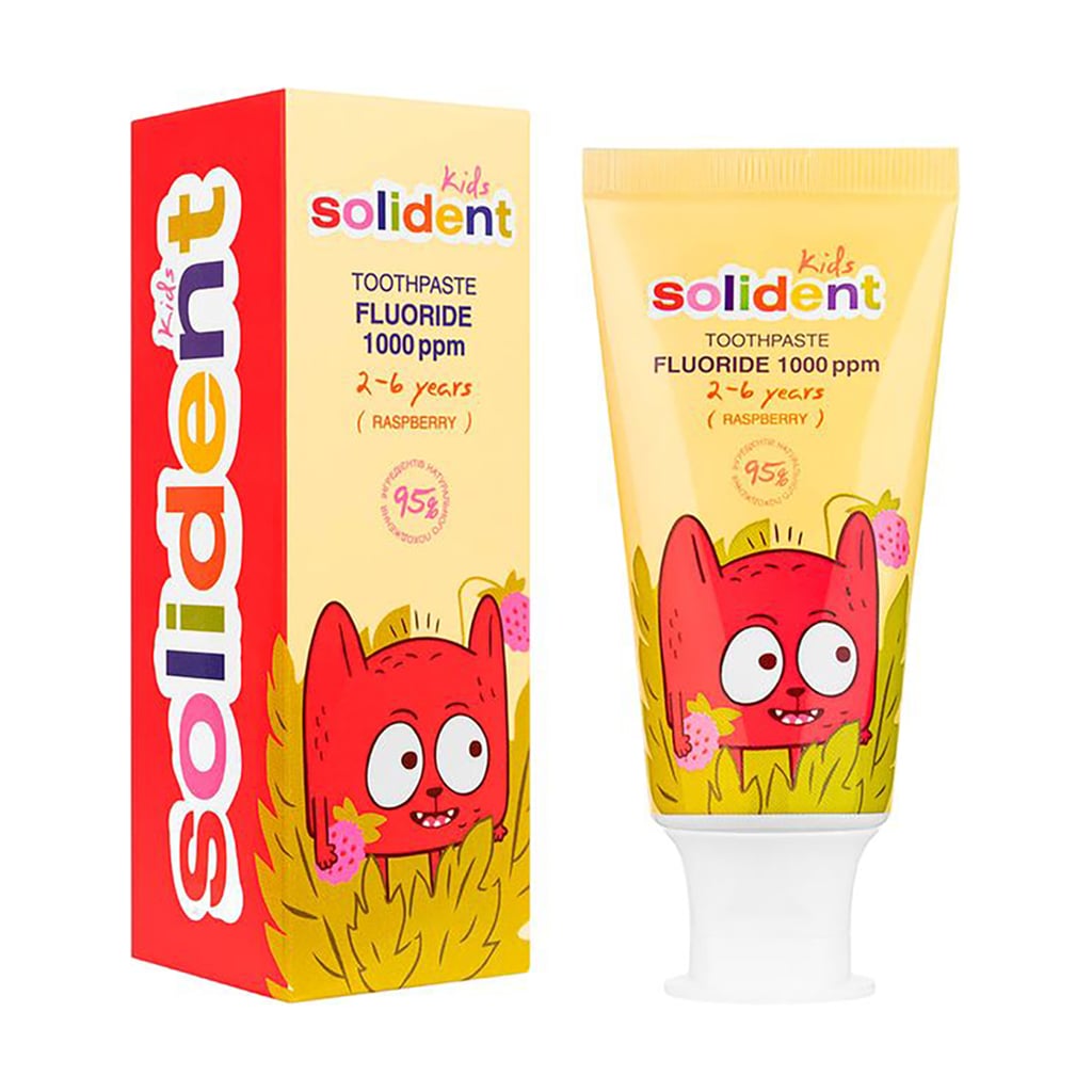 

Дитяча зубна паста Solident Kids з фтором 1000 ppm, зі смаком малини, від 2 до 6 років, 50 мл