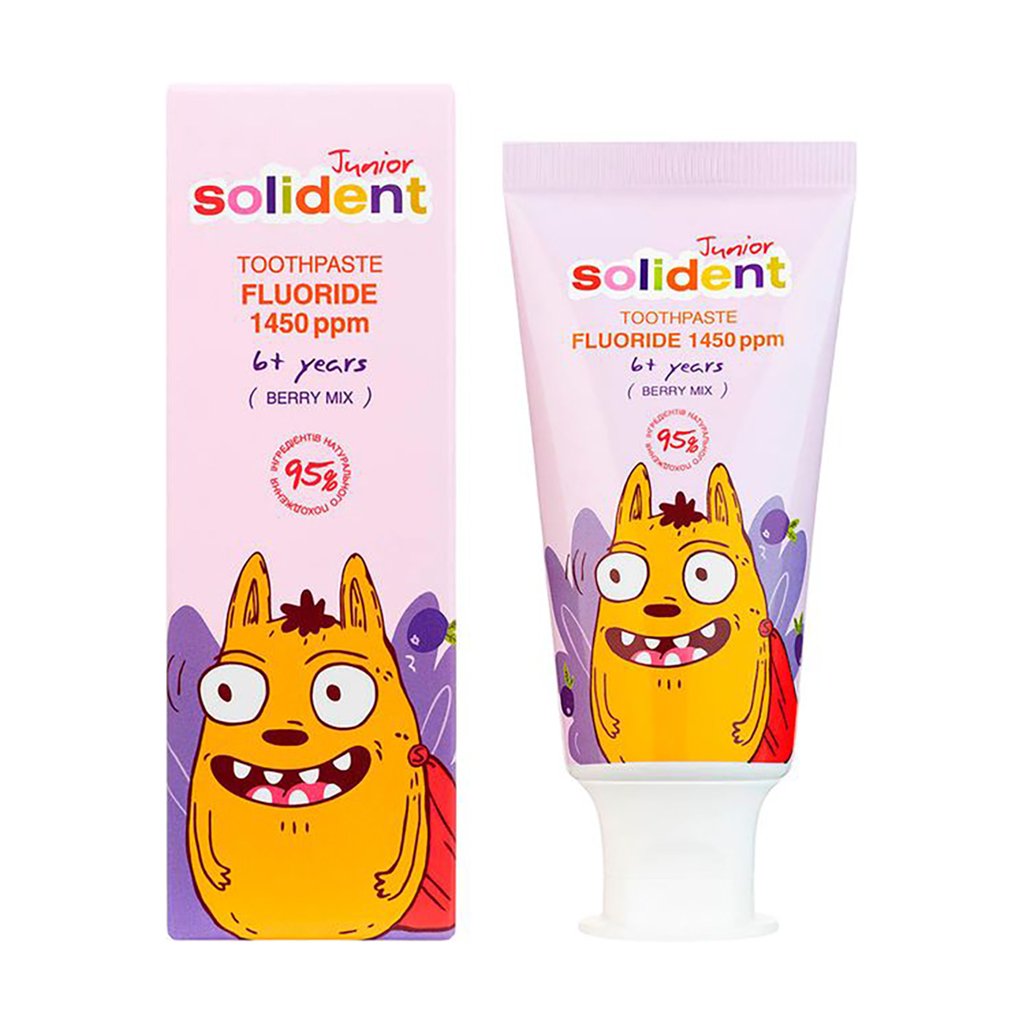 

Дитяча зубна паста Solident Junior з фтором 1450 ppm, зі смаком ягідного міксу, від 6 років, 50 мл