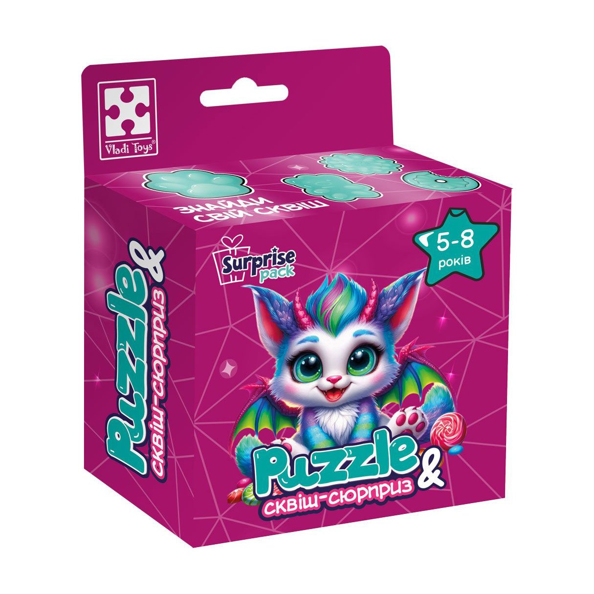 

Пазли Vladi Toys Кольоровий дракончик, із сюрпризом та сквішем, 22*23 см, від 5 років, 180 деталей (VT8030-05)