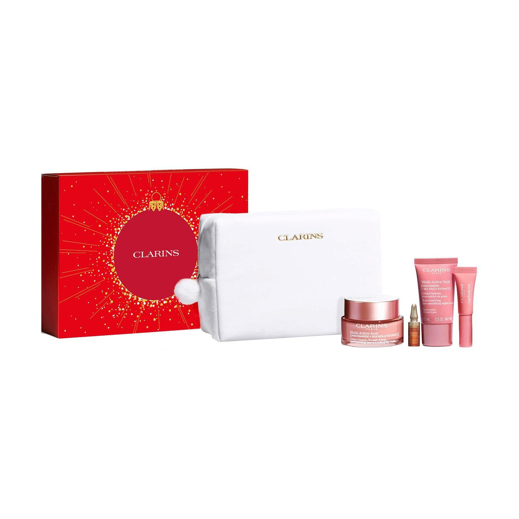 

Набір для догляду за обличчям Clarins Value Set Multi-Active Xmas 25 (крем, 50 мл + крем, 15 мл + сироватка, 1.9 мл + блиск, 5 мл + косметичка, 1 шт)