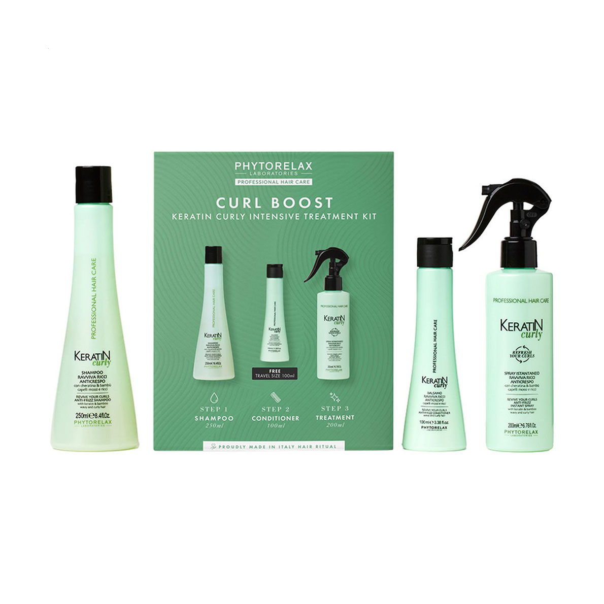 

Уцінка! Набір для волосся Phytorelax Laboratories Curl Boost Keratin Curly Intensive Treatment Kit (шампунь, 250 мл + кондиціонер, 100 мл + спрей, 200 мл)