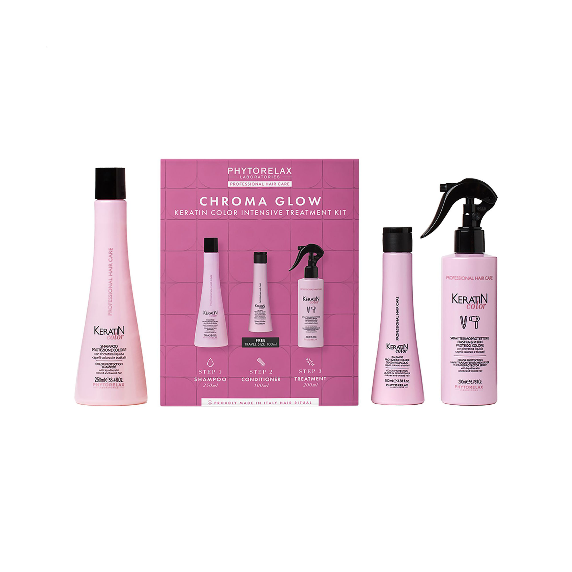 

Набір для волосся Phytorelax Laboratories Chroma Glow Keratin Color Intensive Treatment Kit (шампунь, 250 мл + термозахист, 200 мл + кондиціонер, 100 мл)