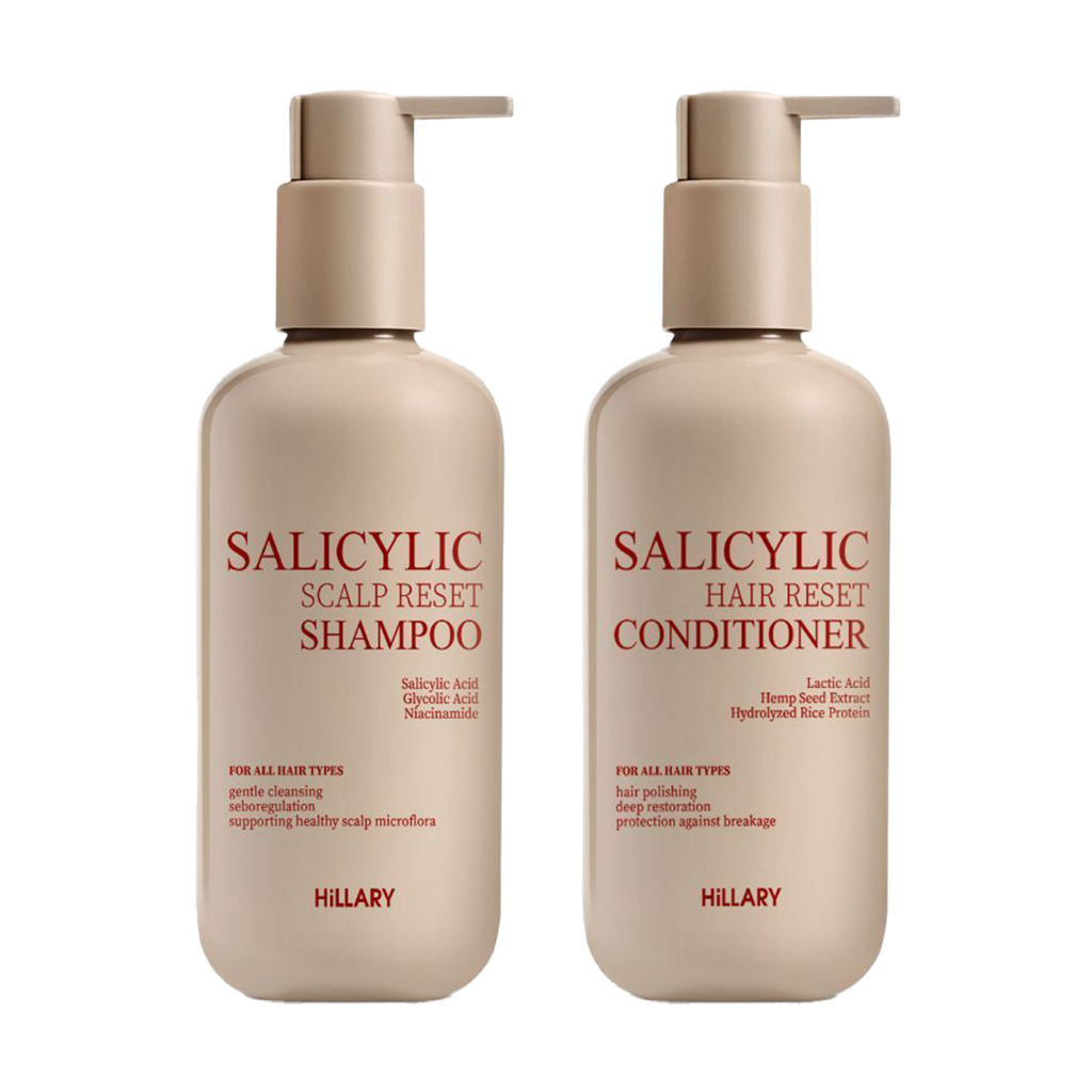 

Уцінка! Набір для відновлення волосся та шкіри голови Hillary Salicylic Hair & Reset Set з саліциловою кислотою (шампунь, 400 мл + кондиціонер, 400 мл)