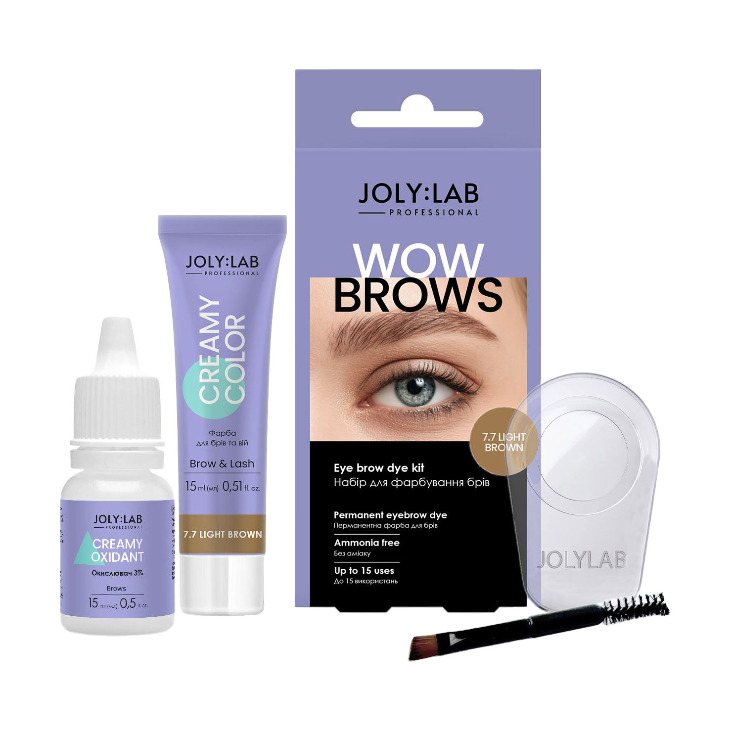 

Набір для фарбування брів та вій Joly:Lab Wow Brows, 7.7 Light Brown (фарба, 15 мл + окислювач, 15 мл + ємність, 1 шт + пензлик, 1 шт + інструкція)