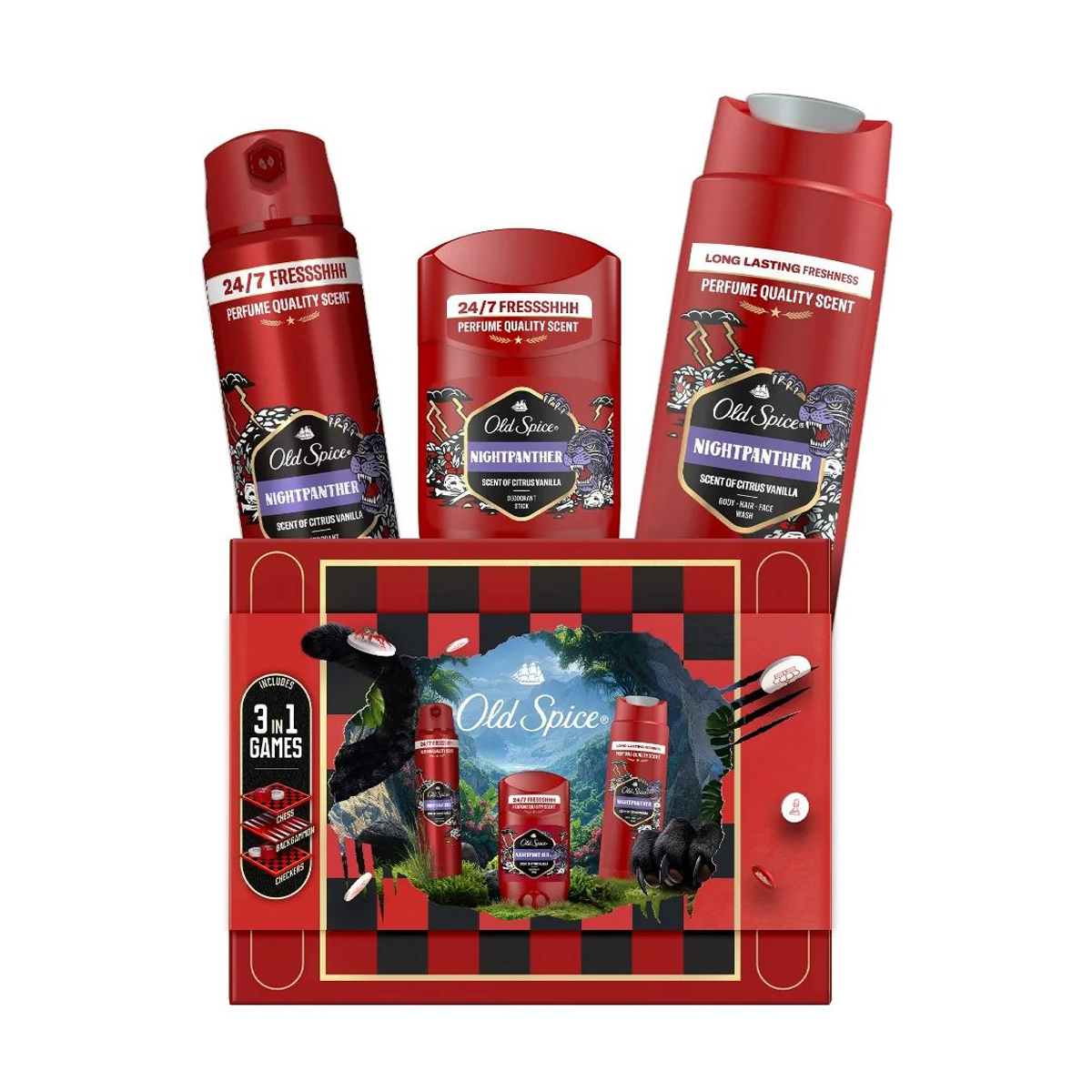 

Чоловічий подарунковий набір Old Spice Nightpanther (дезодорант, 150 мл + дезодорант-стік, 50 мл + гель для душу, 250 мл + гра, 1 шт)