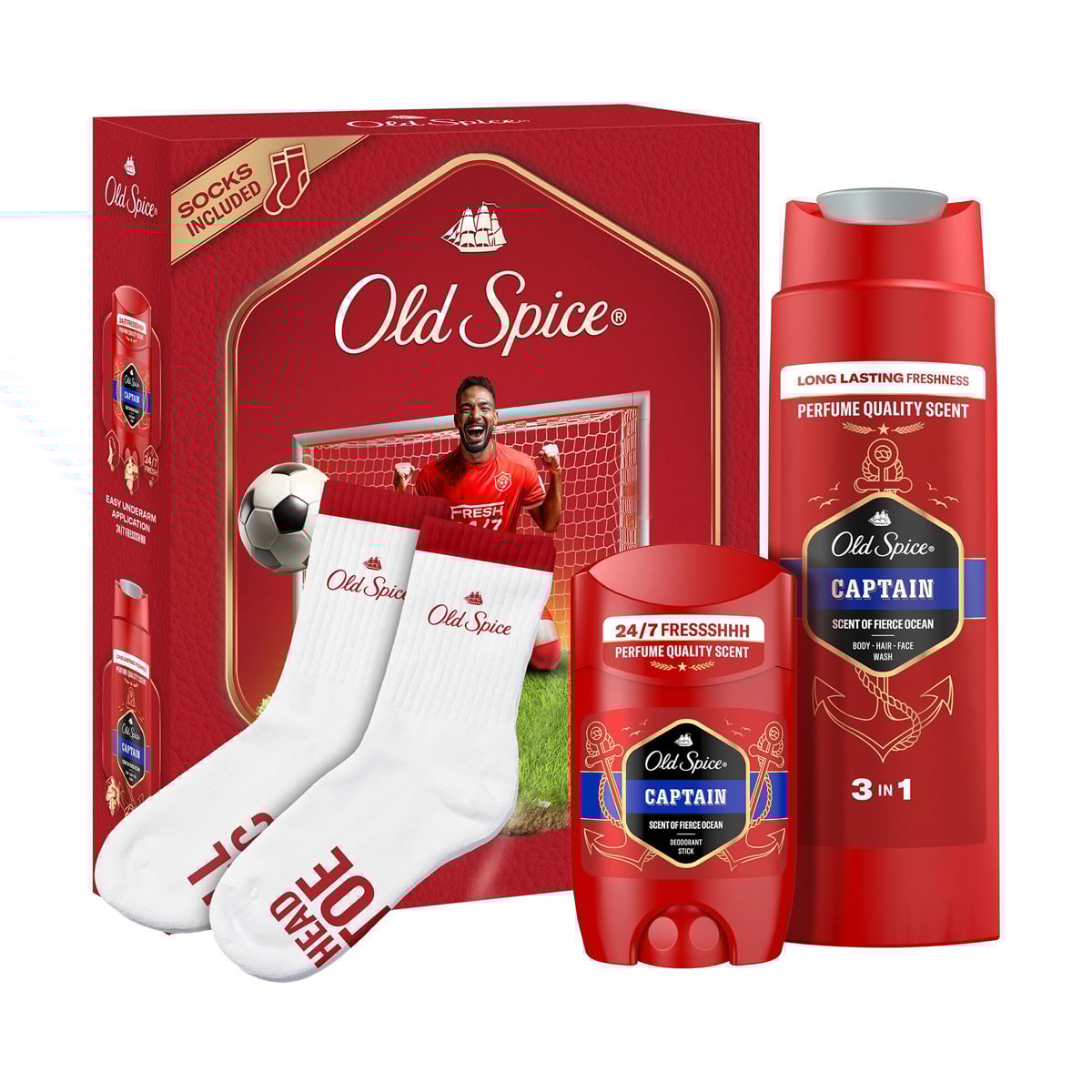 

Уцінка! Чоловічий подарунковий набір Old Spice Captain Footballer (дезодорант-стік, 50 мл + гель для душу, 250 мл + шкарпетки, 1 пара)