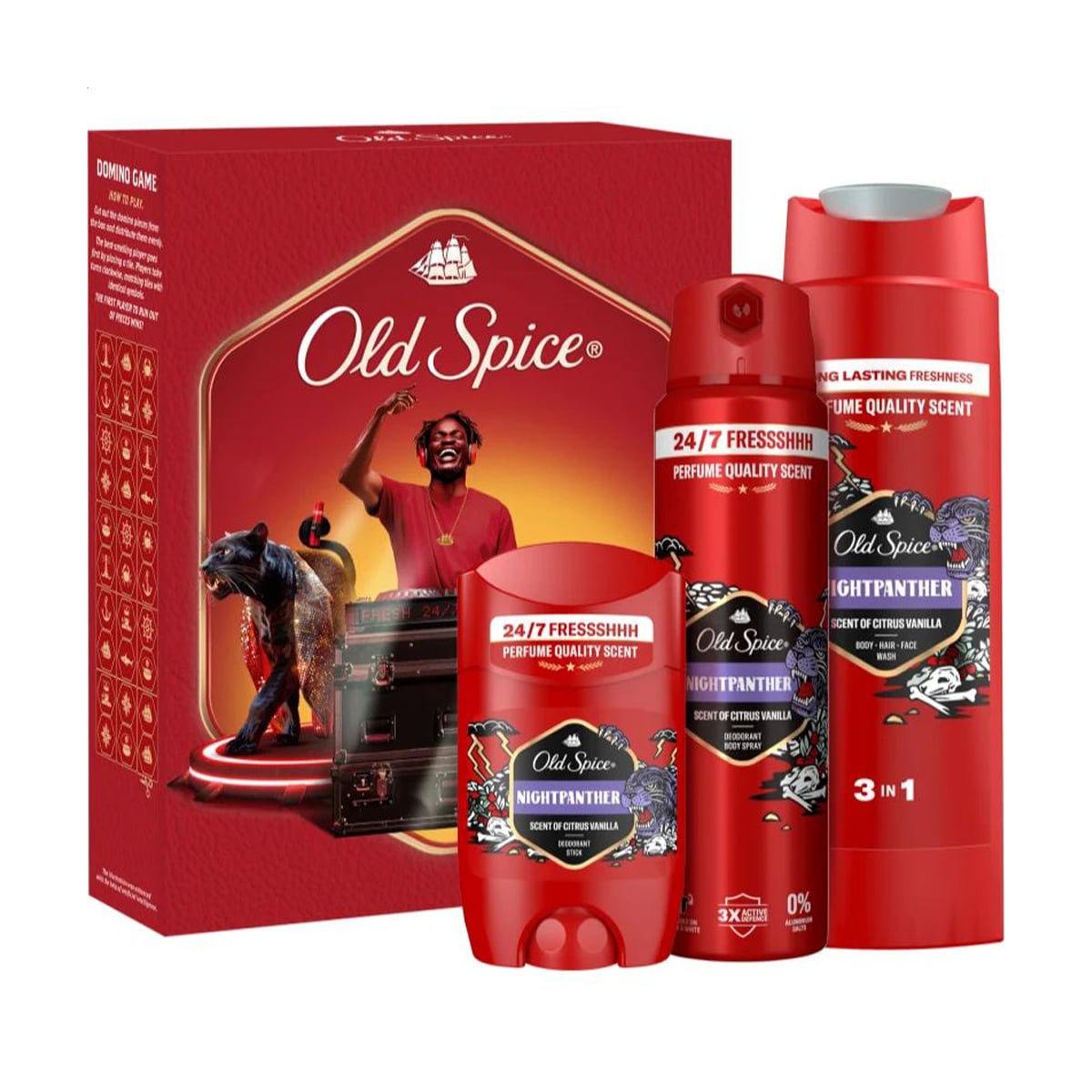 

Чоловічий подарунковий набір Old Spice Nightpanther Dj (дезодорант, 150 мл + дезодорант-стік, 50 мл + гель для душу, 250 мл + гра доміно, 1 шт)