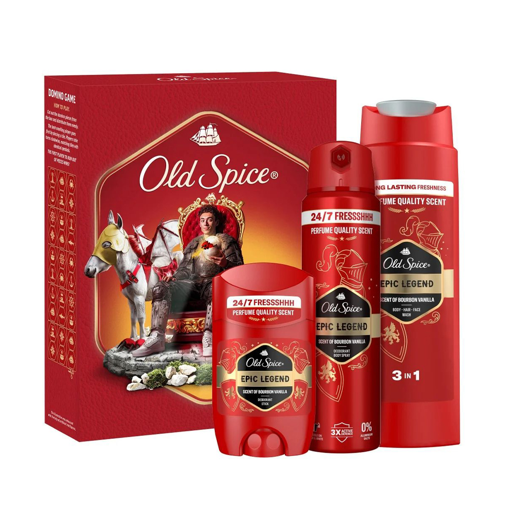 

Чоловічий подарунковий набір Old Spice Epic Legend Knight (дезодорант, 150 мл + дезодорант-стік, 50 мл + гель для душу, 250 мл + гра доміно, 1 шт)