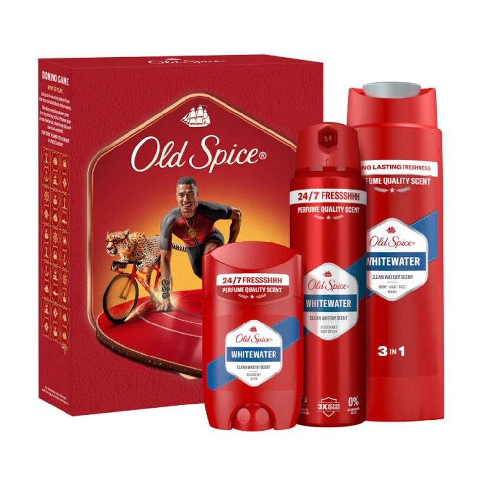 

Чоловічий подарунковий набір Old Spice Whitewater Ironman (дезодорант, 150 мл + дезодорант-стік, 50 мл + гель для душу, 250 мл + гра доміно, 1 шт)