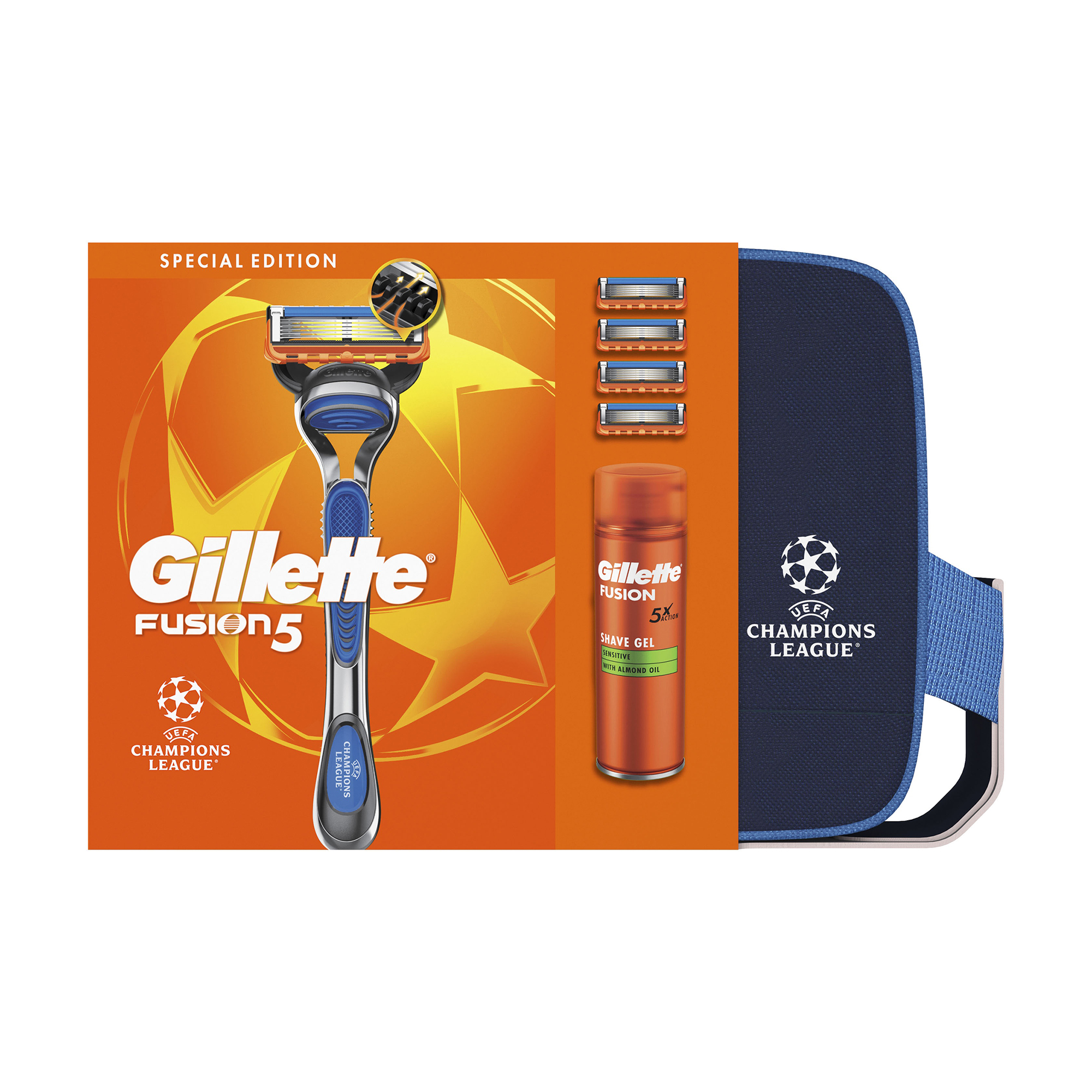 

Набір чоловічий Gillette Fusion 5 Champions League Special Edition (станок + змінні картриджі, 4 шт + гель для гоління, 200 мл + косметичка)