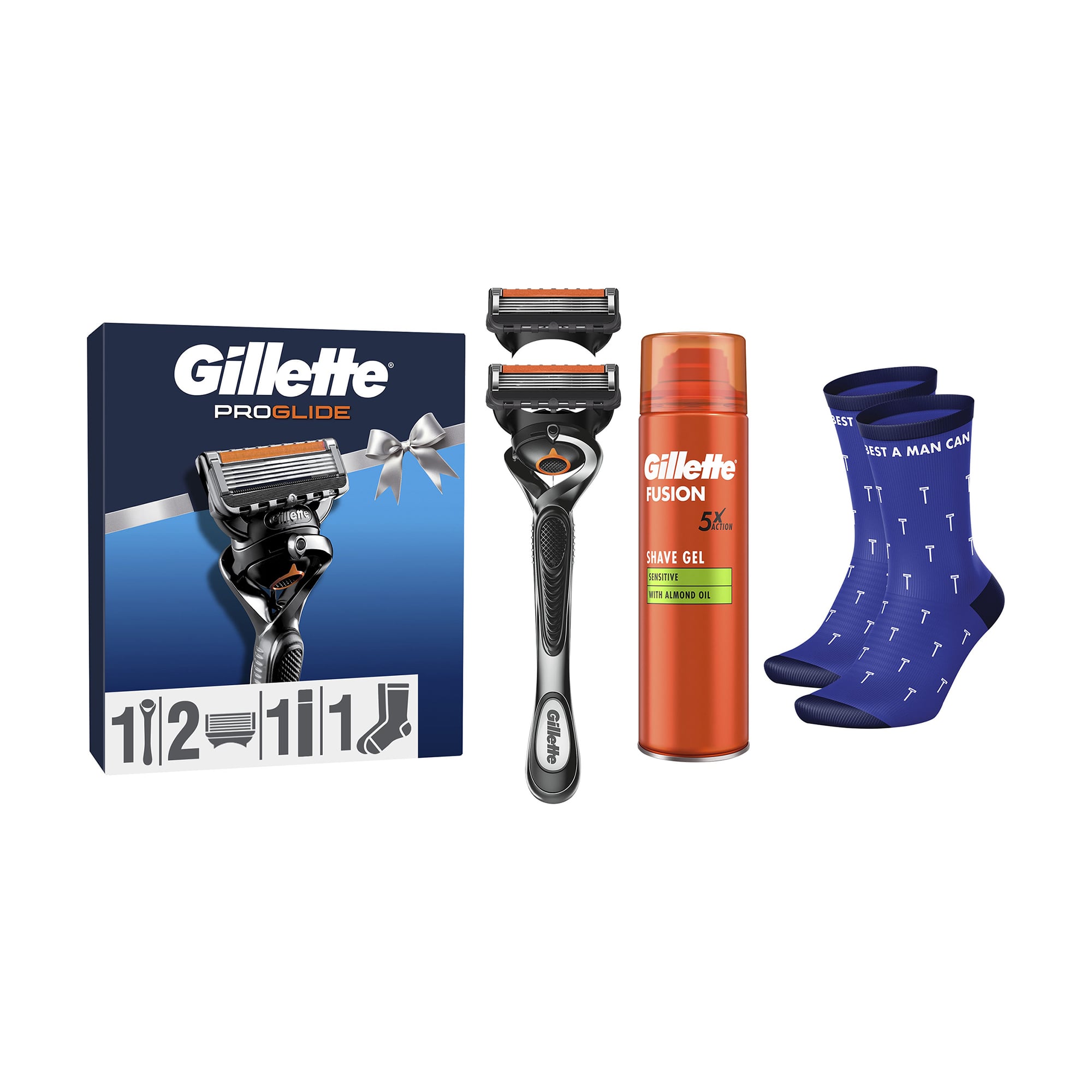 

Подарунковий набір чоловічий Gillette Fusion 5 ProGlide (станок + змінні картриджі, 2 шт + гель для гоління, 200 мл + шкарпетки, 1 пара)