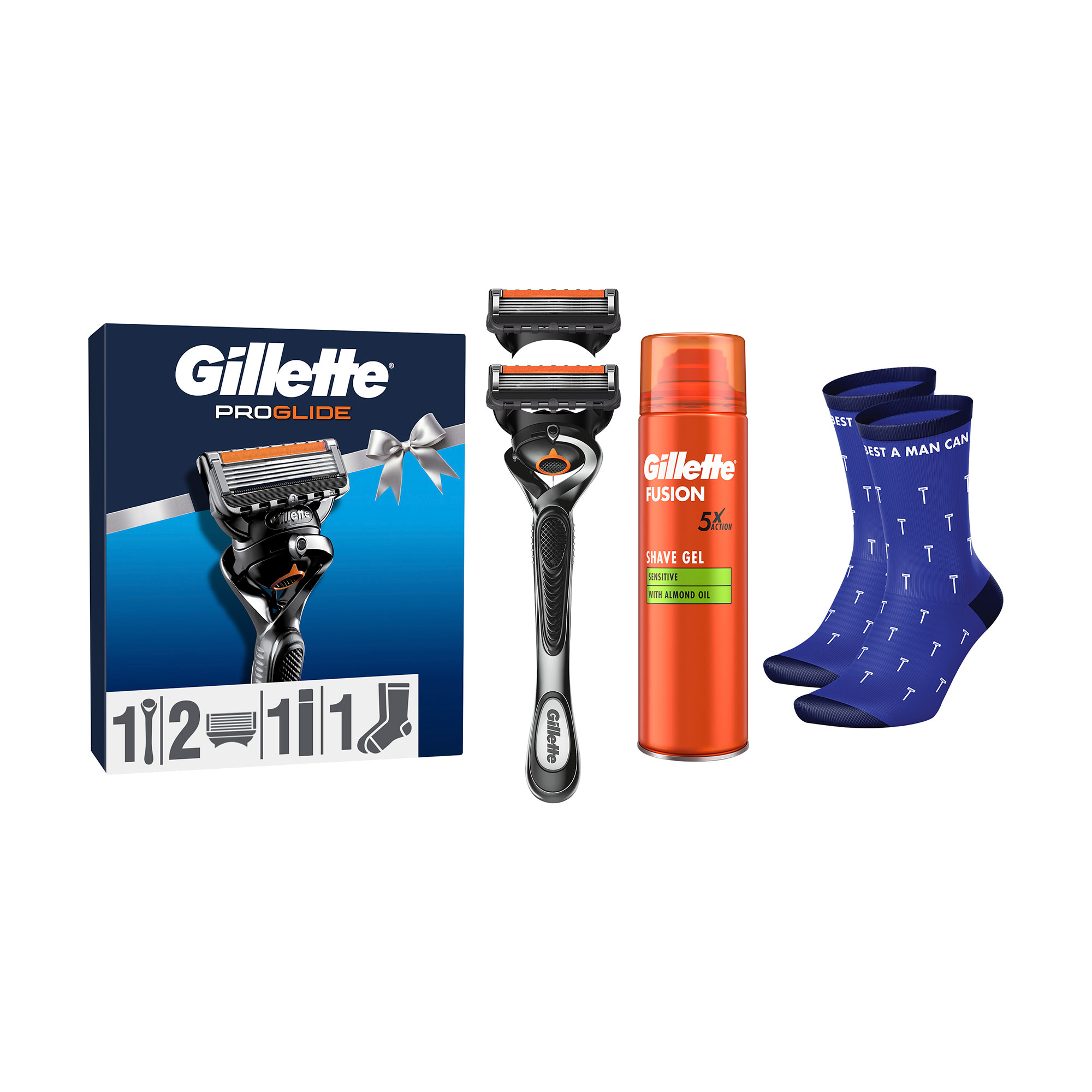 

Подарунковий набір Gillette чоловічий (станок (бритва) Fusion5 Proglide Flexball з 2 змінними картриджами + гель Fusion для чутливої шкіри, 200 мл + шкарпетки)