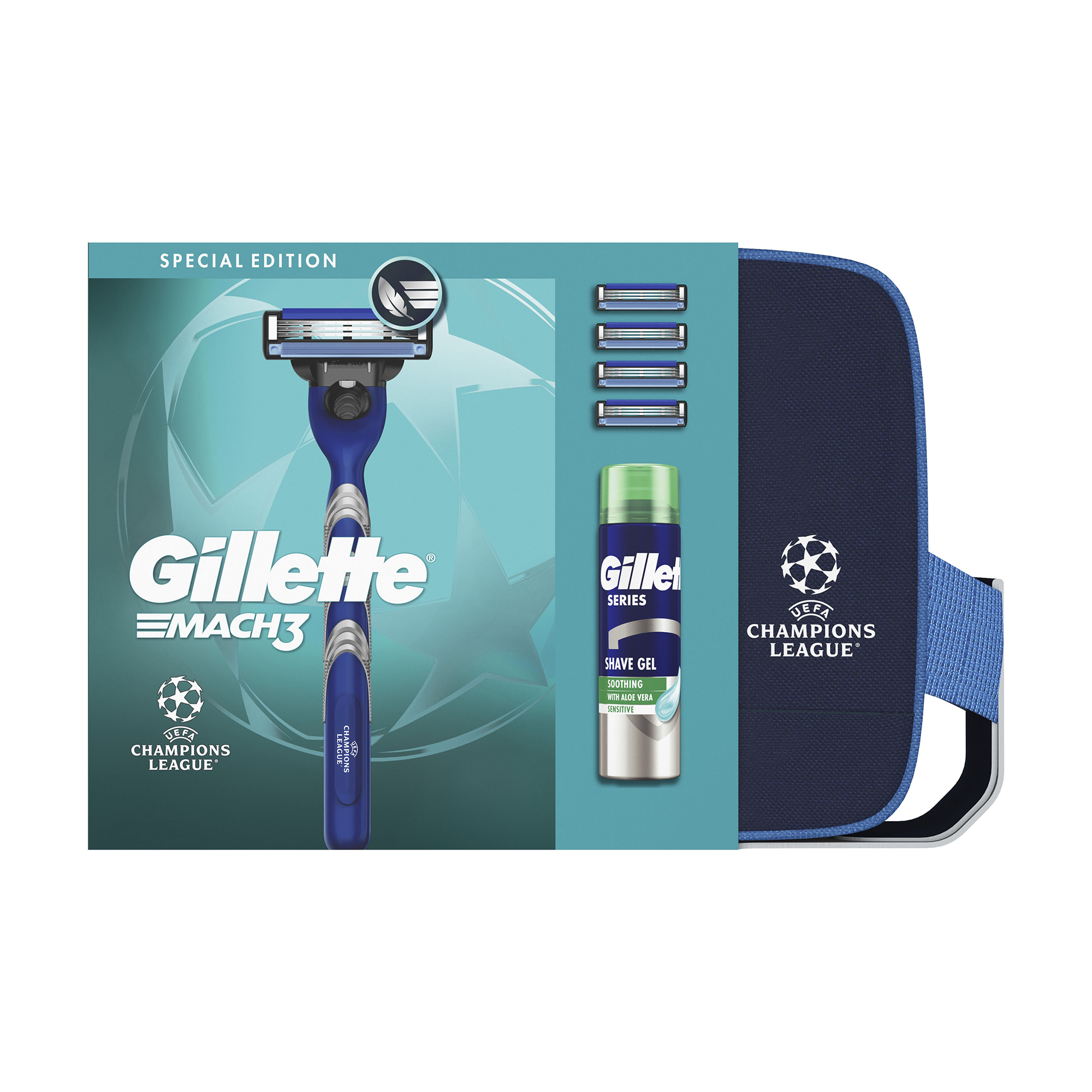 

Подарунковий набір чоловічий Gillette Mach3 Champions League Special Edition (станок + змінні картриджі, 4 шт + гель для гоління, 200 мл + косметичка)