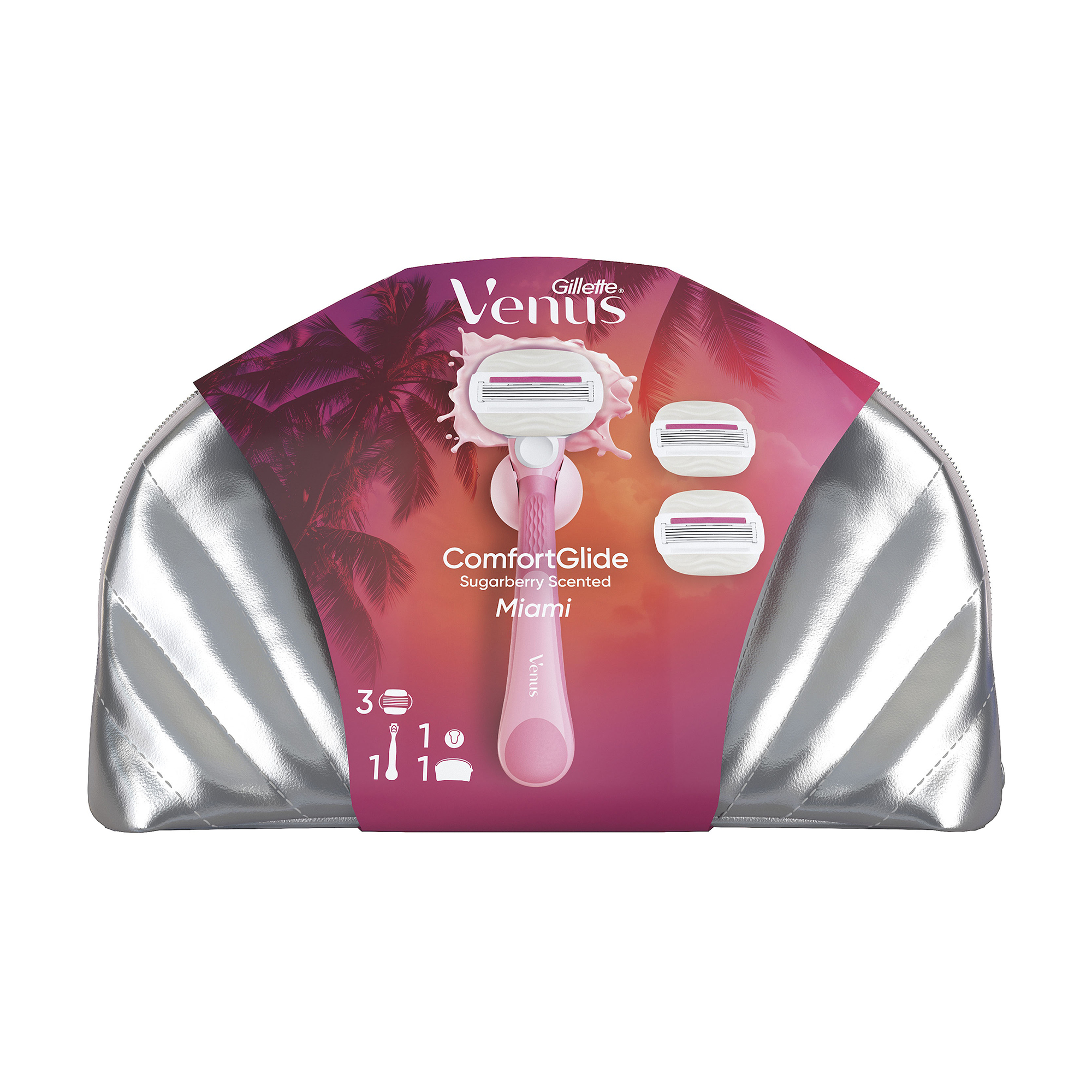 

Подарунковий набір для гоління жіночий Gillette Venus ComfortGlide Sugarberry Miami (станок (бритва) з 3 змінними картриджами + кріплення + косметичка)