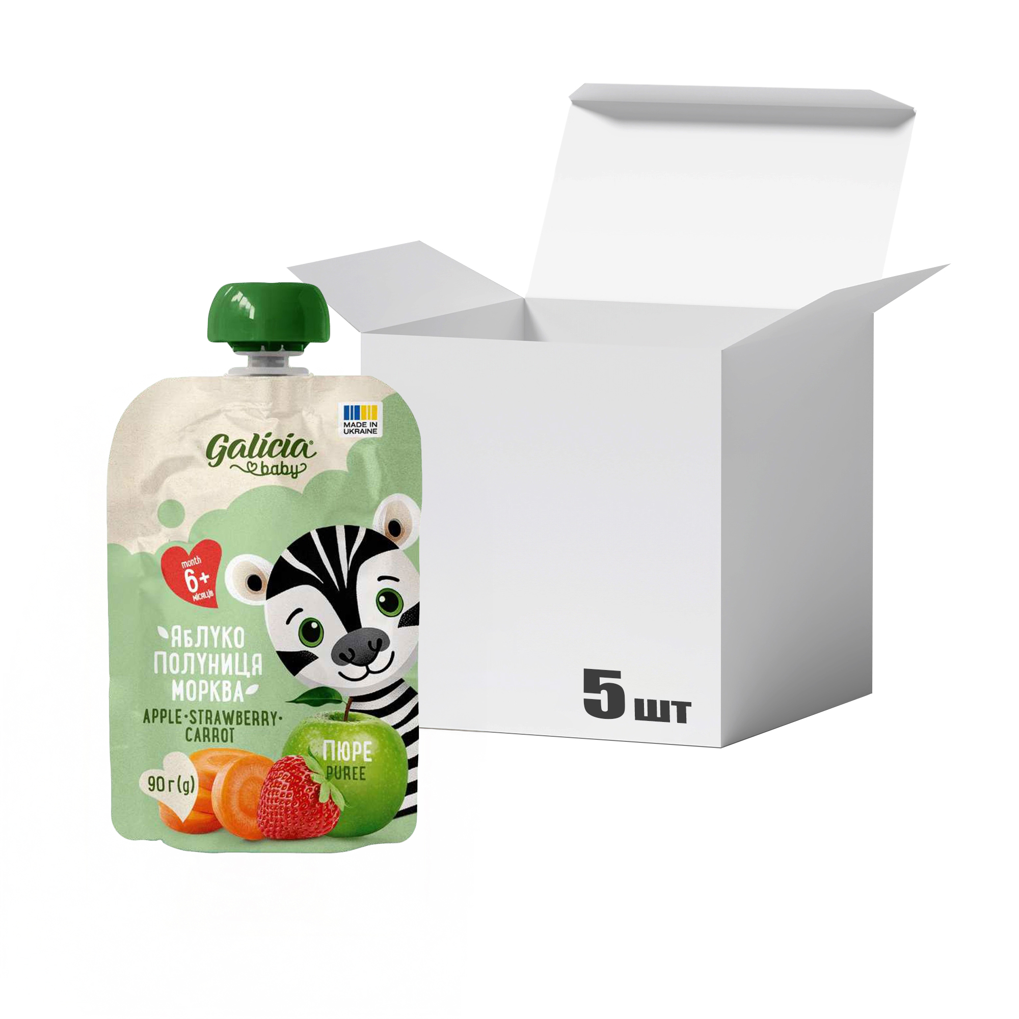 

Упаковка дитячого пюре Galicia Baby Яблуко-полуниця-морква, від 6 місяців, 90 г * 5 шт