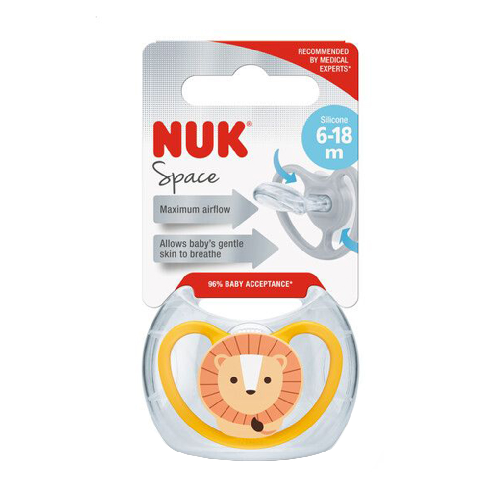 

Силіконова ортодонтична пустушка NUK Space від 6 місяців до 1.5 року, левеня, 1 шт (3952610)