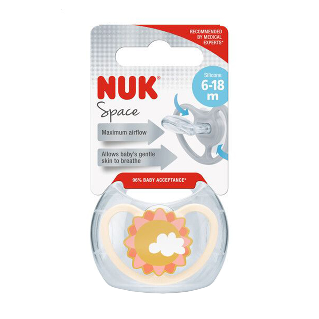 

Силіконова ортодонтична пустушка NUK Space від 6 місяців до 1.5 року, сонечко, 1 шт (3952611)